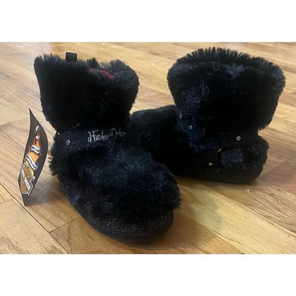 Harley Davidson Toddler Faux Fur Biker Boot Slippers Sz 10-11 Black Branded W Ha - Picture 1 of 12